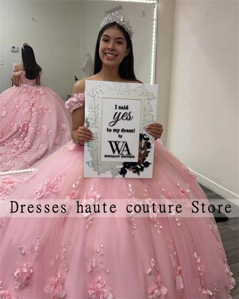 فستان الأميرة Quinceanera الوردي ثلاثي الأبعاد ، ثوب الكرة مع الخرز القوس ، الدانتيل متابعة ، حلوة 16 فستان ، 15 سنة ،