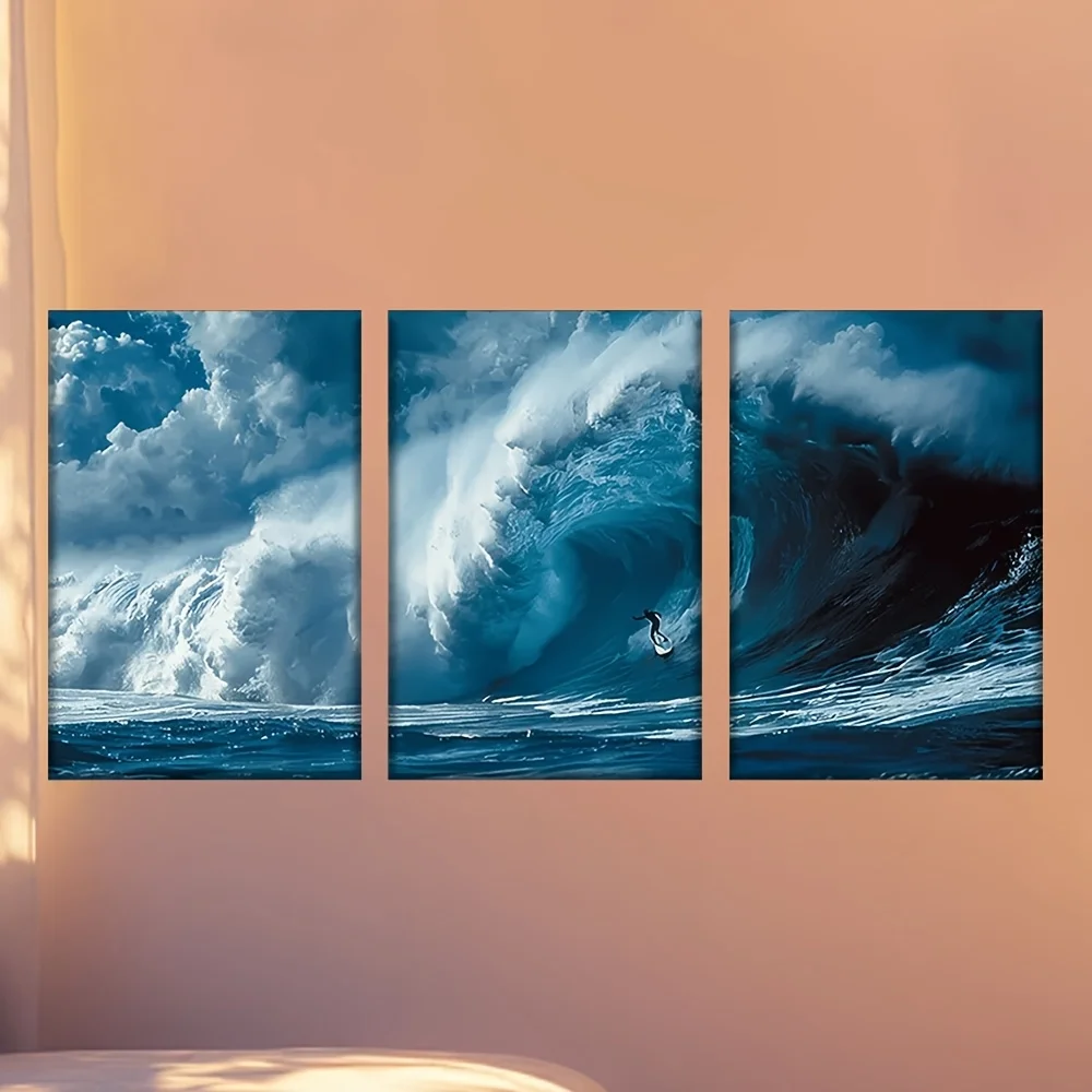 3pcs/Set, Canvas Painting--Unframed, Funny Big Wave Surfer, Posters And Prints, Living Room, Office, Library, Bar, Cafe, Abst