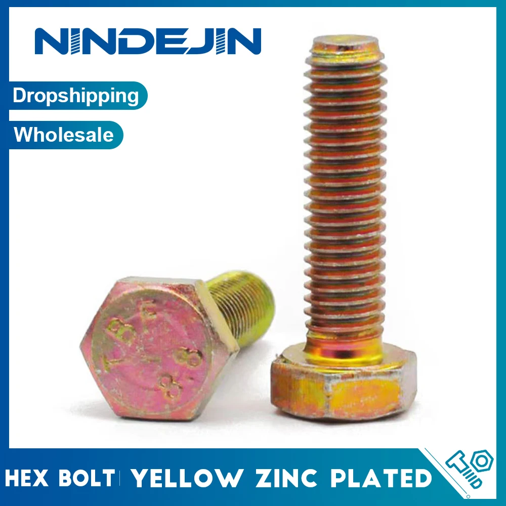 2-10pcs High Strength Hex Bolts 8.8 Grade Yellow Zinc Steel Full Thread Extended M4 M5 M6 M8 M10 M12 Hexagon Hex Cap Screw Bolts