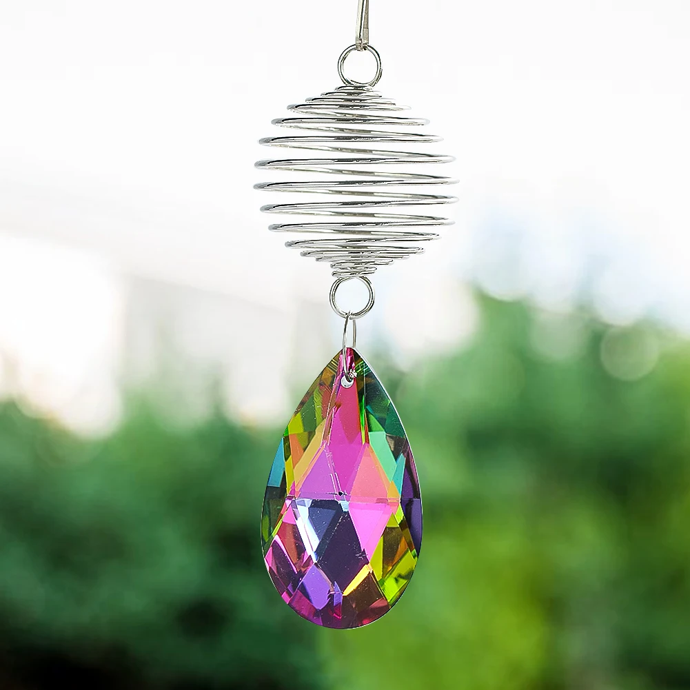 Metal Threaded Spring Cage Hooks Color Crystal Wind Chimes Hanging Faceted Prism Pendant Suncatcher Garden Vane Decoration Craft