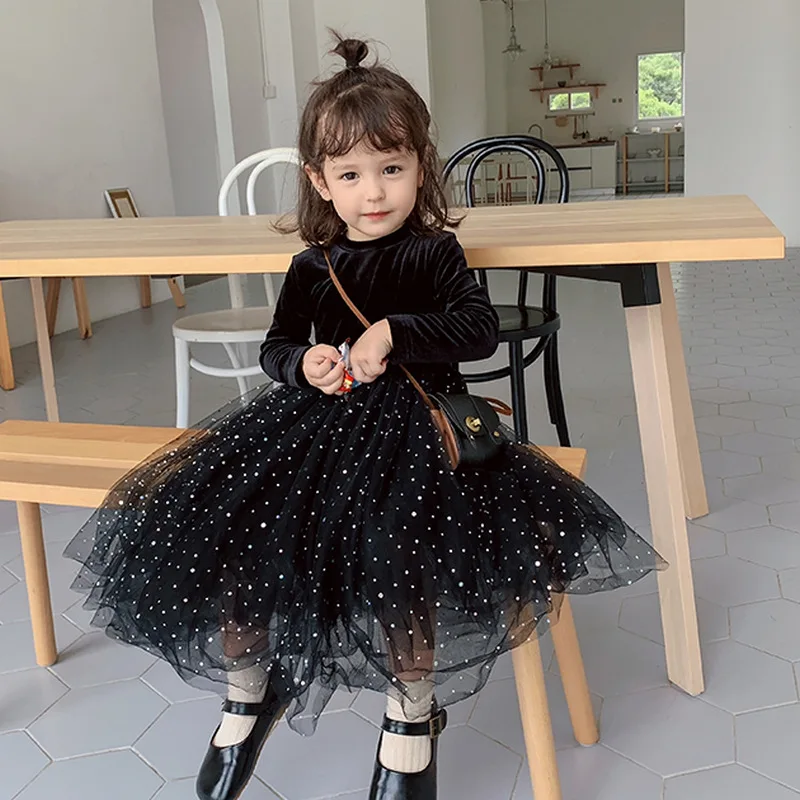 Girls Skirt Golden Velvet Velvet Starry Sky Dress Princess Dress 2024 Autumn and Winter New Children's Clothing 3-8 Years Old