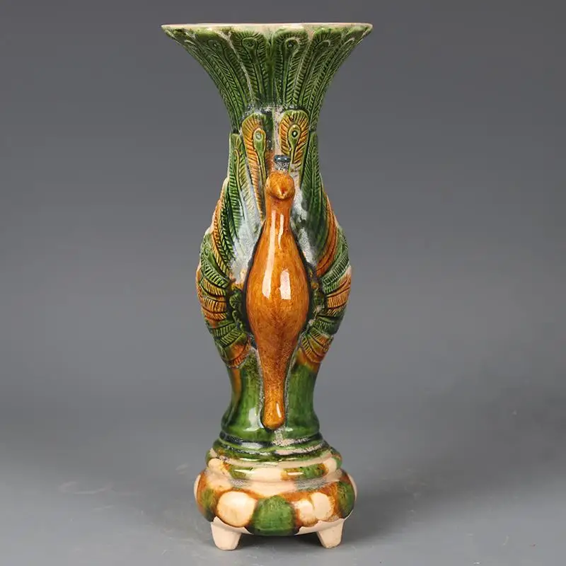 Tang Sancai Tri-color Peacock Vase Chinese Tang Dynasty Pottery Ceramic Bottle Home Decor Collectible Ornament