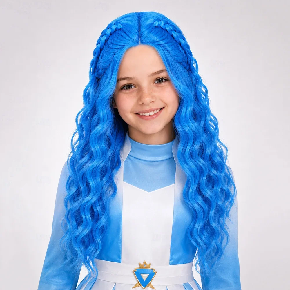 Synthetic Hair Long Wavy Blue Braided Wig Fantasy Villain Heir Princess Descendants Wicked Wonderland Cosplay Wig for Halloween