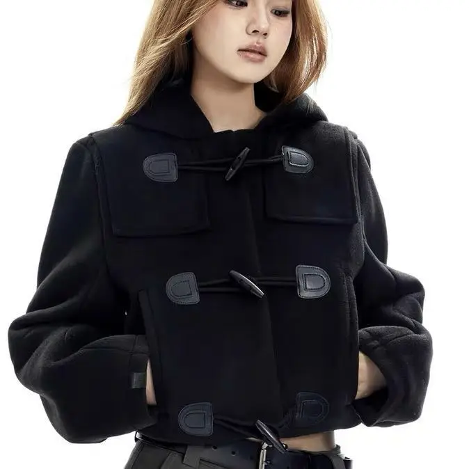 Old Money Wind Short Horn Button Woolen Jacket 2026 Winter American Retro Casual Hooded Jacket Top