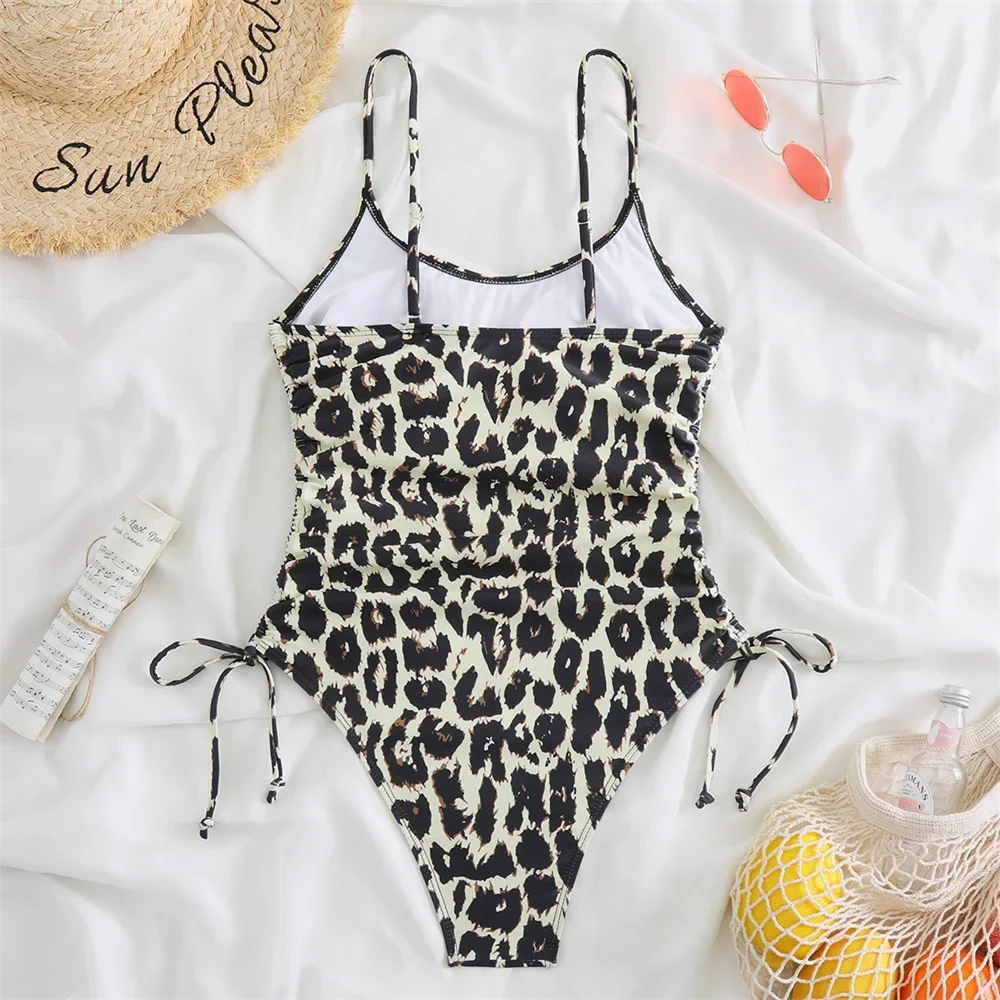 Leopard Bikini Drawstring Pleated Swimsuit Tropical Y2K Trend Monokini Brazilian Sexy Women Vacation Swimwear Beach Bathing Suit