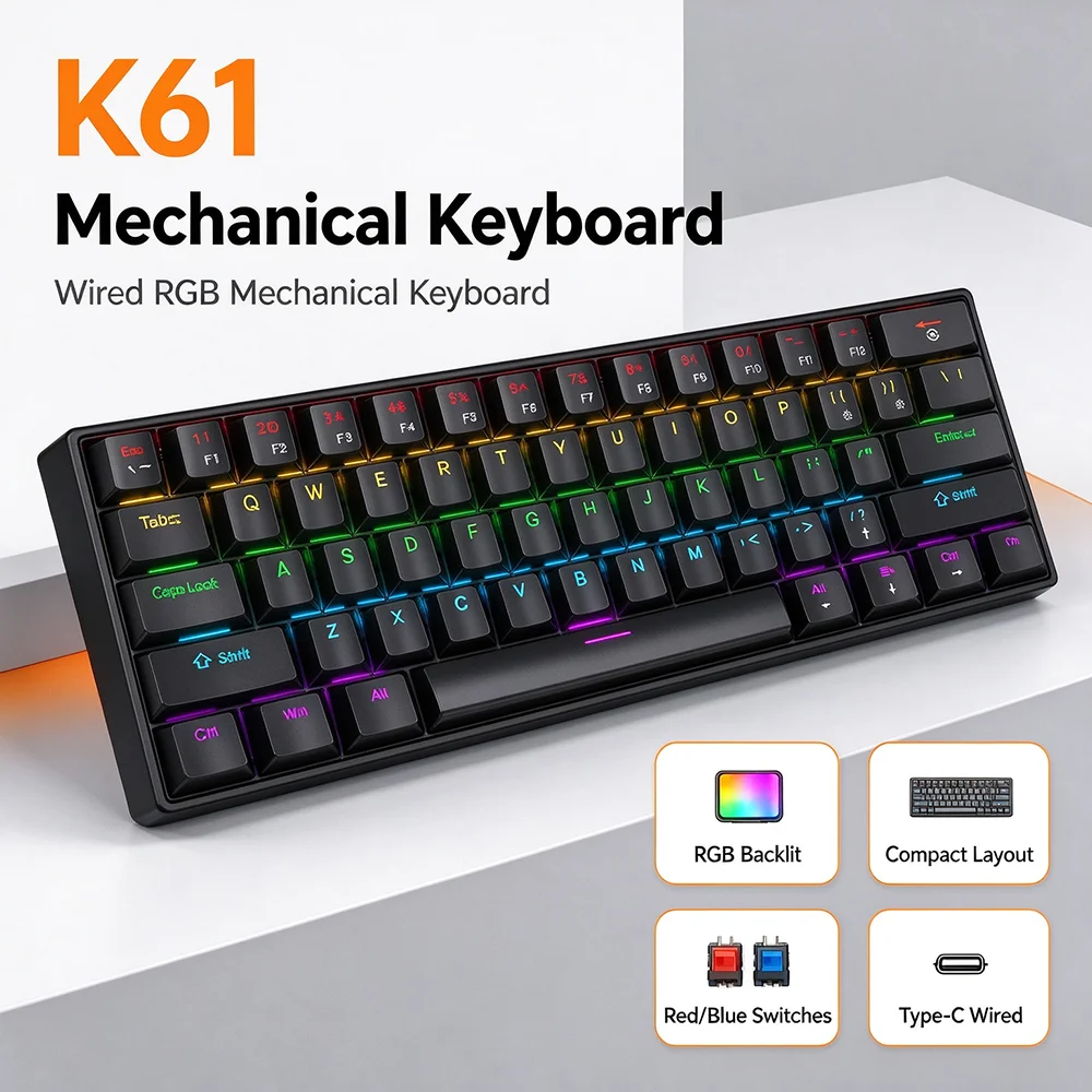 APAYADO K61 60% Mechanical Gaming Keyboard 61 Keys RGB Backlit Type-C Wired Mini Keyboard for PC Laptop Original