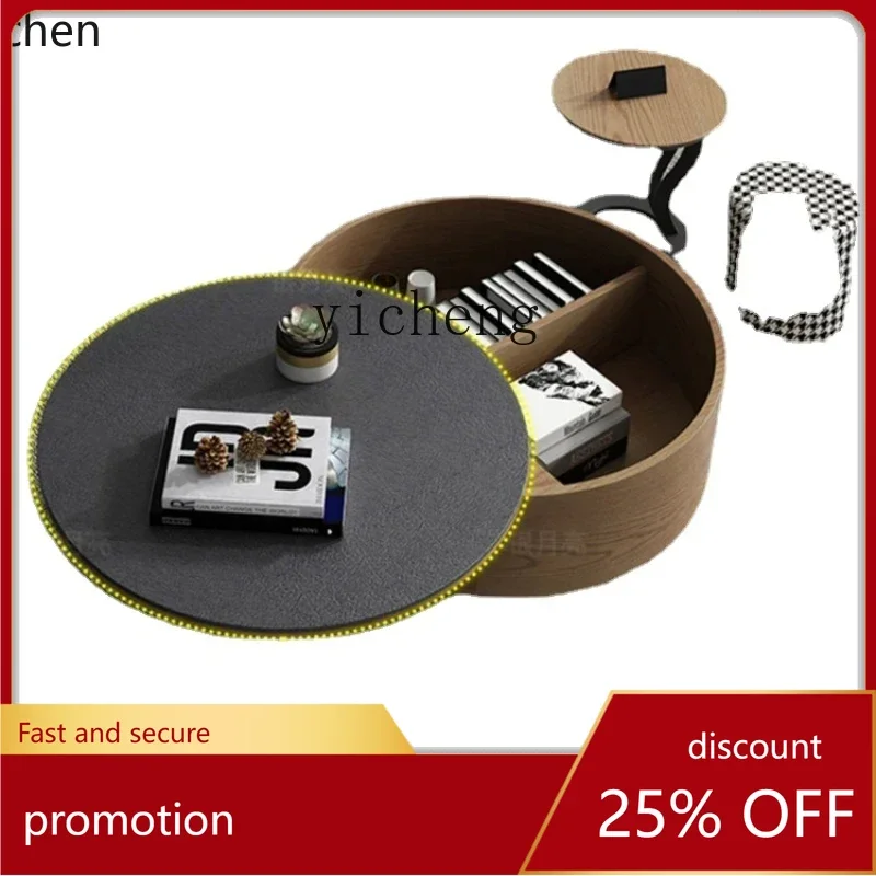 ZML round Rotating Stone Plate Tea Table Combination Living Room Home Small Apartment Firestone Glass Storage