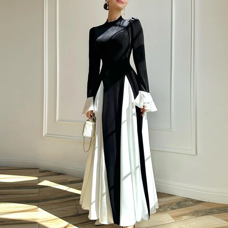 Elegant Flared Sleeve Color Blocked Patchwork Long Dress New Fall High Waist Evening Party Dress Temperament O Neck Velvet Dress