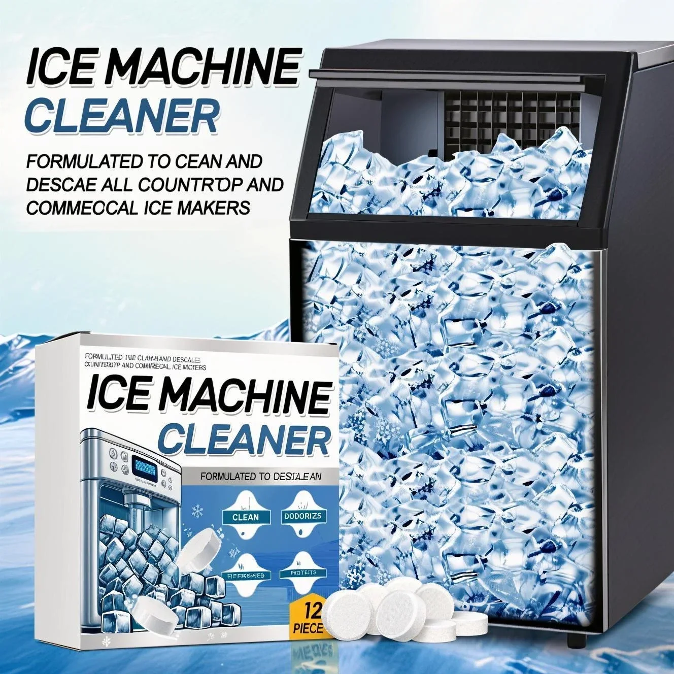 Tabletas limpiadoras para máquina de hielo, paquete de 12, limpieza profunda de escaleras, elimina el olor a suciedad para uso doméstico comercial en encimera