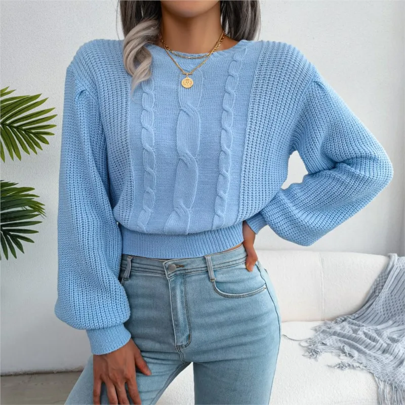 

Autumn And Winter Leisure Fried Dough Twists Lantern Sleeve Waist Knitting Sweater Women's Round Neck Pullover Long Sleeve 2024