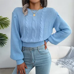 Autumn And Winter Leisure Fried Dough Twists Lantern Sleeve Waist Knitting Sweater Women's Round Neck Pullover Long Sleeve 2024