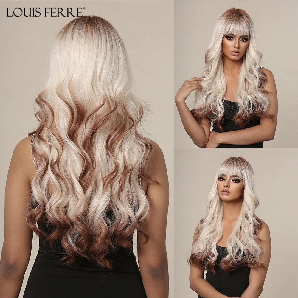 LOUIS FERRE Red Brown White Ombre Synthetic Wigs for Afro Women Long Body Wavy Blonde Wigs With Bangs Cosplay Curly Fake Hair