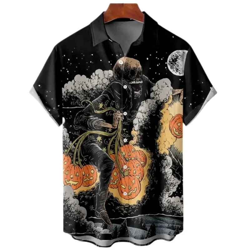 Men's Short Sleeve Hawaiian shirt, Fashionable Harajuku style, Dry fit, Halloween Pumpkin theme, Handsome men's Shirt Plus Size