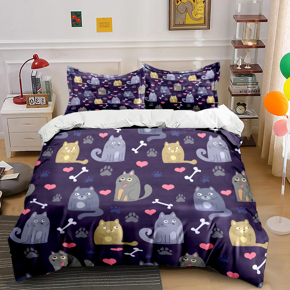 Cute cats and elements background Print Bedding Set 1 Duvet Cover 2 Pillowcases for Adult and Children Luxury Gift Full Size