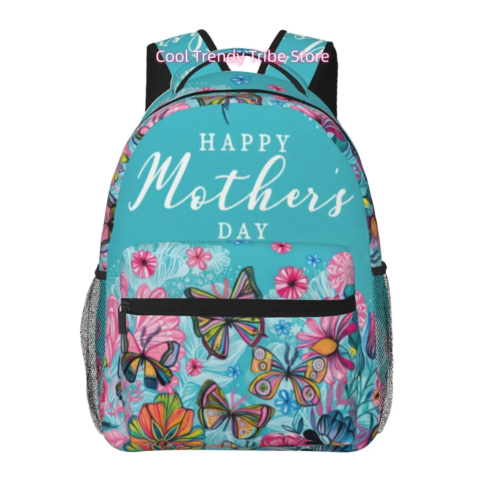 Turquoise Happy Mother's Day Butterfly Print Backpack, High Quality Oxford Cloth Casual Daypack, Adjustable Straps, for Travel,