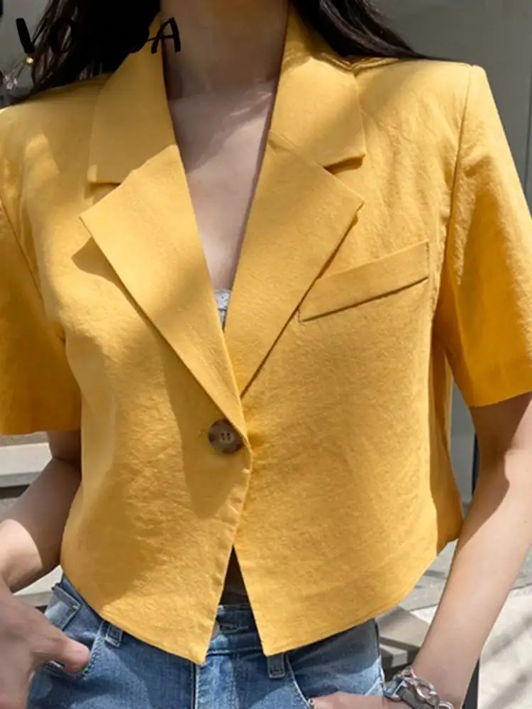 Vonda-elegante blazer de manga curta para as mulheres, casaco de gola, cor sólida, casual, túnica botão fino, moda verão, 2023