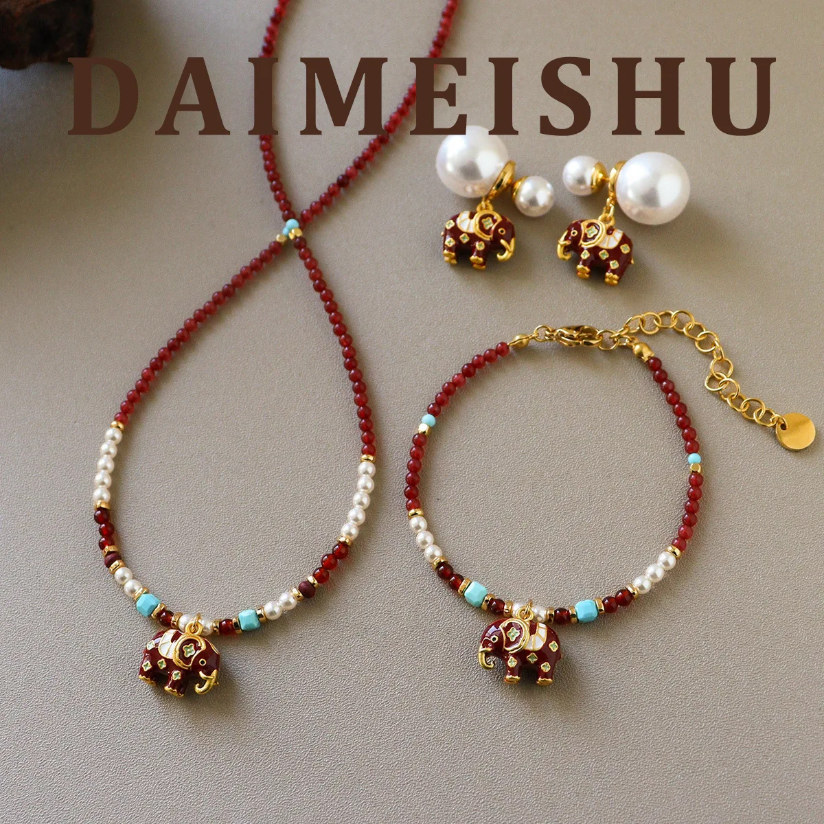 

Retro Exquisite Colorful Oil Drop Red Enamel Little Elephant Charms Natural Stone Strand Necklace Light Luxurious Clavicle Chain