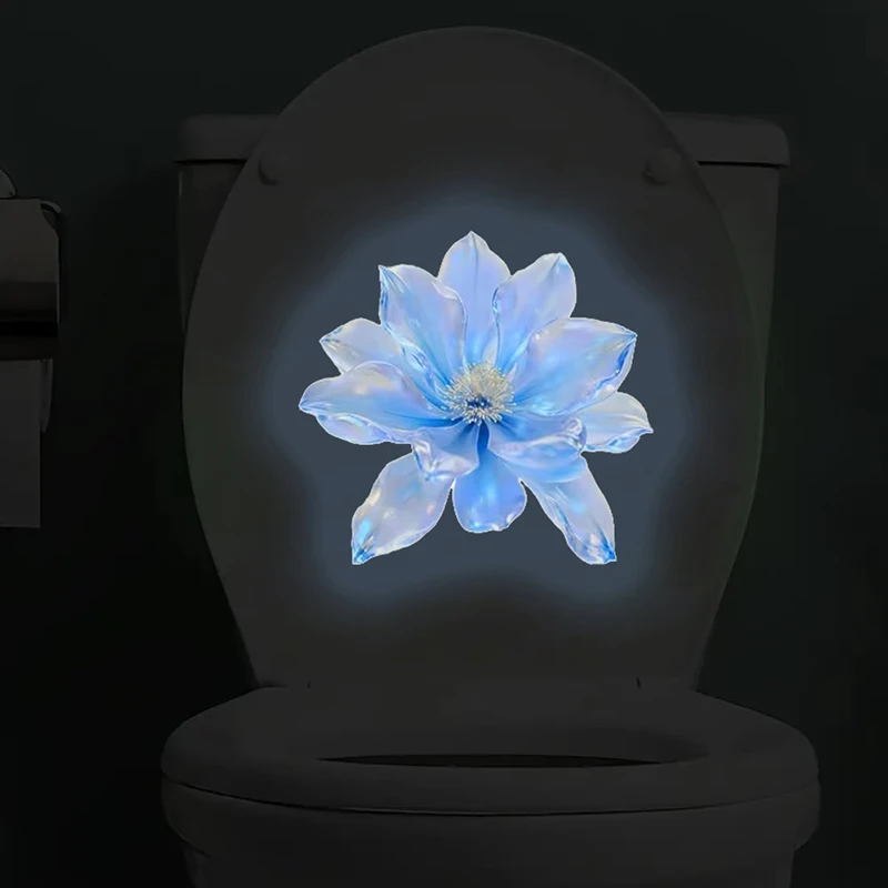 Glow-in-the-Dark Rainbow Blue Flower Toilet Sticker Shiny Crystal Floral Theme Decal Self-Adhesive Removable Bathroom Decoration
