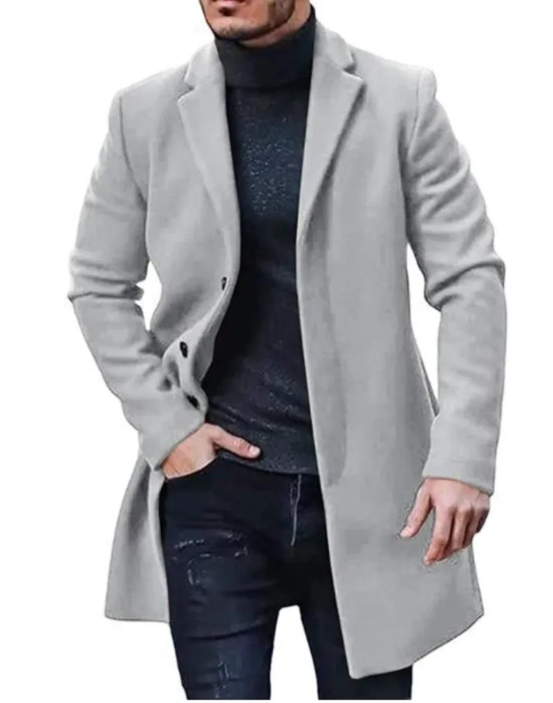 New Autumn Winter Men's Long-sleeve Lapel Single-breasted Jacket Woolen Solid Button Coats Casual Loose Men Simple Jackets