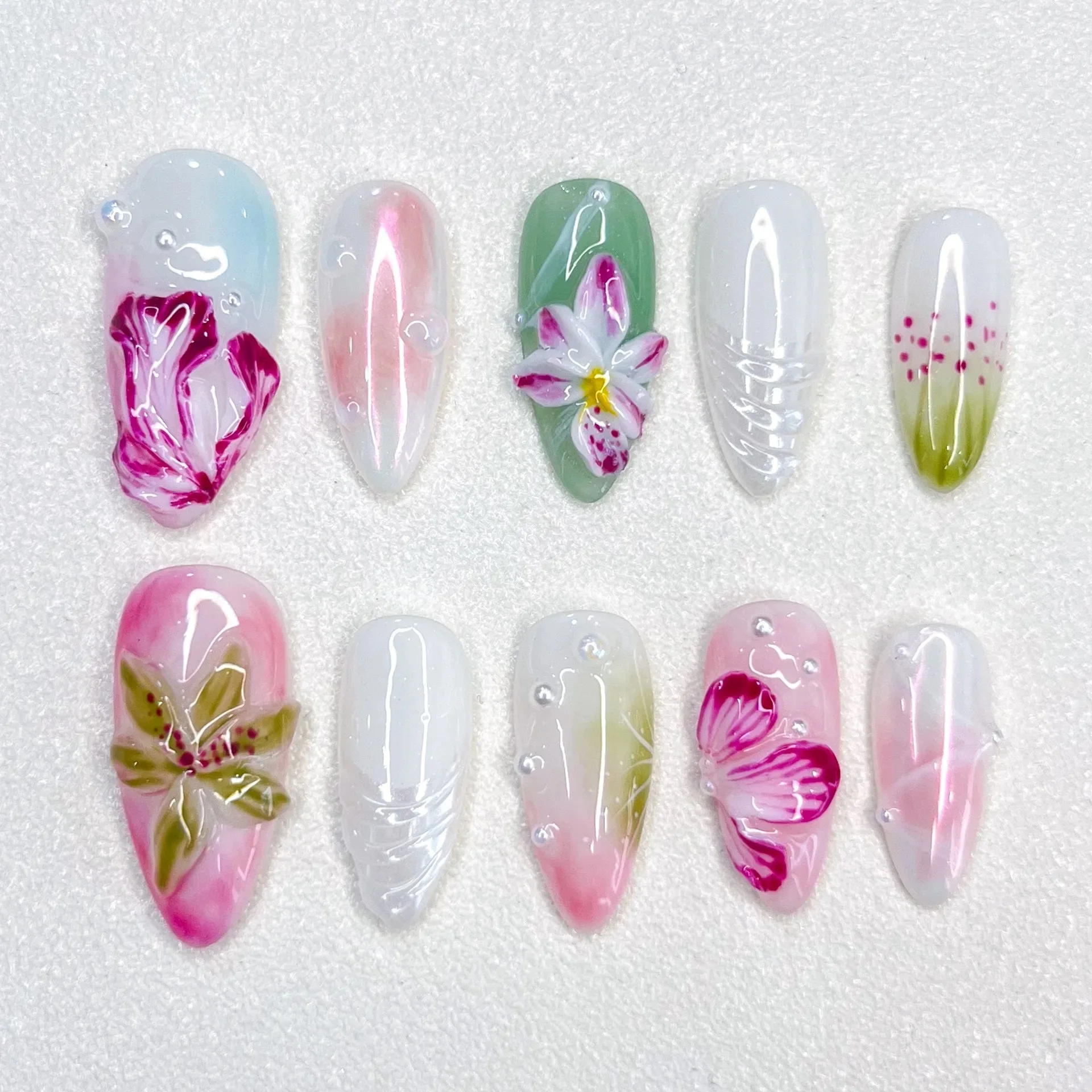 

Spring Handmade Press on Nails 10pcs Glossy Pink 3D Flower Press Ons Acrylic Almond Fake Nail Art Green Summer 3D Flowers Nails