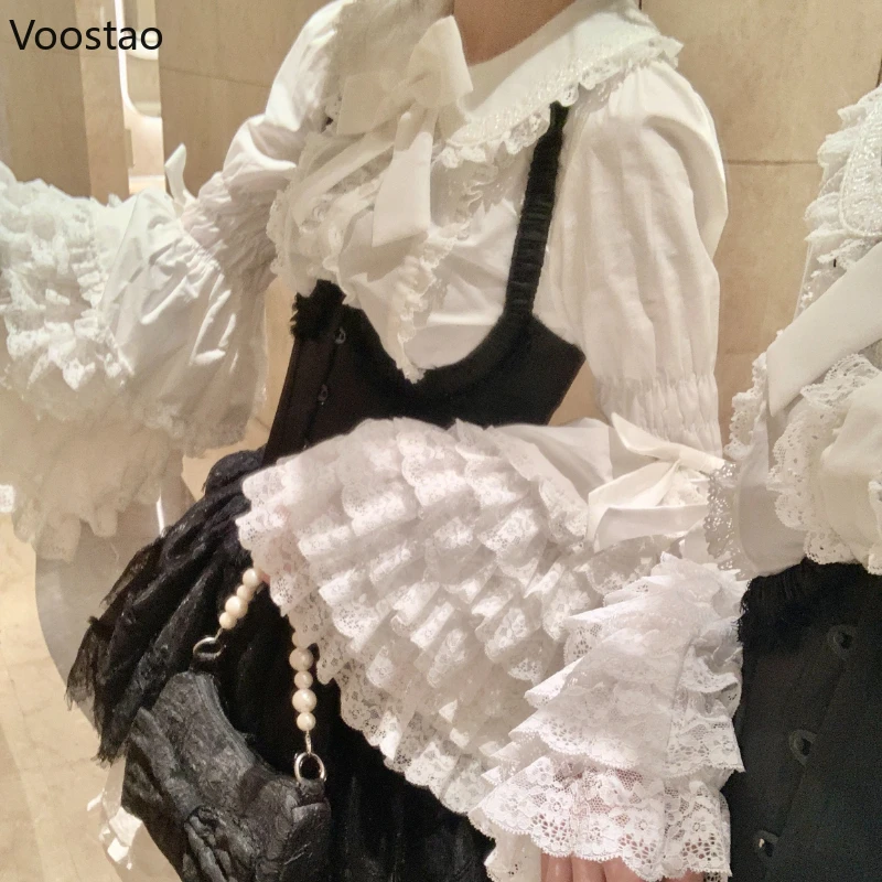 Victorian Vintage Lolita Style Shirts Women Gothic Y2k Bow Lace Ruffle Flare Long Sleeve Blouse Japanese Sweet Elegant Cute Tops