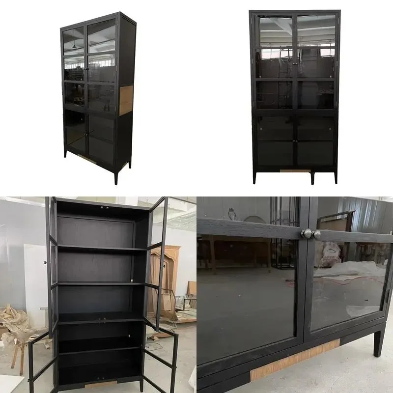 Modern Black Solid Oak Glass Display Cabinet 5 Shelves for Living Room Home Office Dining Room Bar Warehouse Storage Showcase