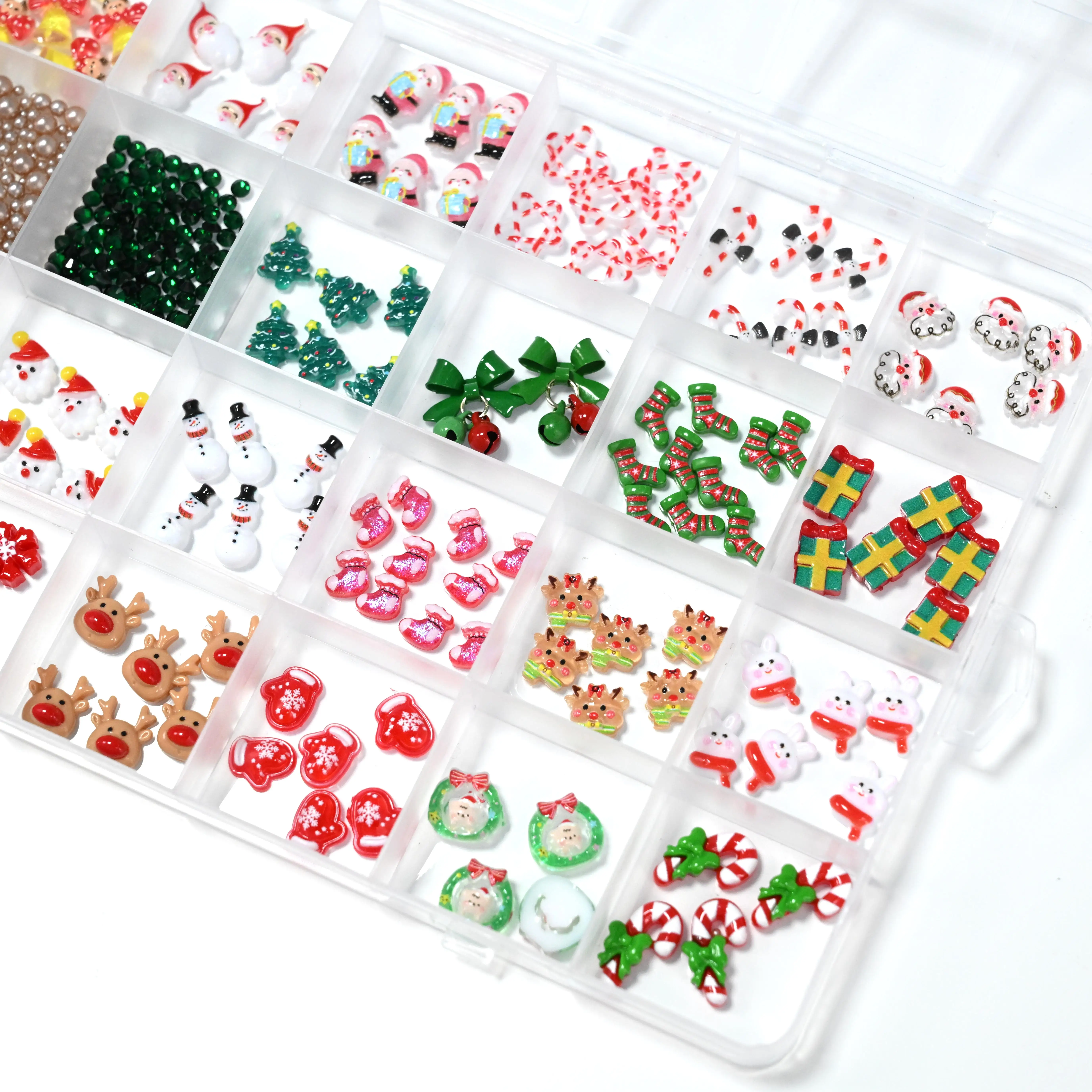 1Box Christmas Nail Art Charms Santa Snowman Reindeer Tree Gingerbread Man Nail Ornaments Candy Cane Hat Bell Bow DIY Nail Decor