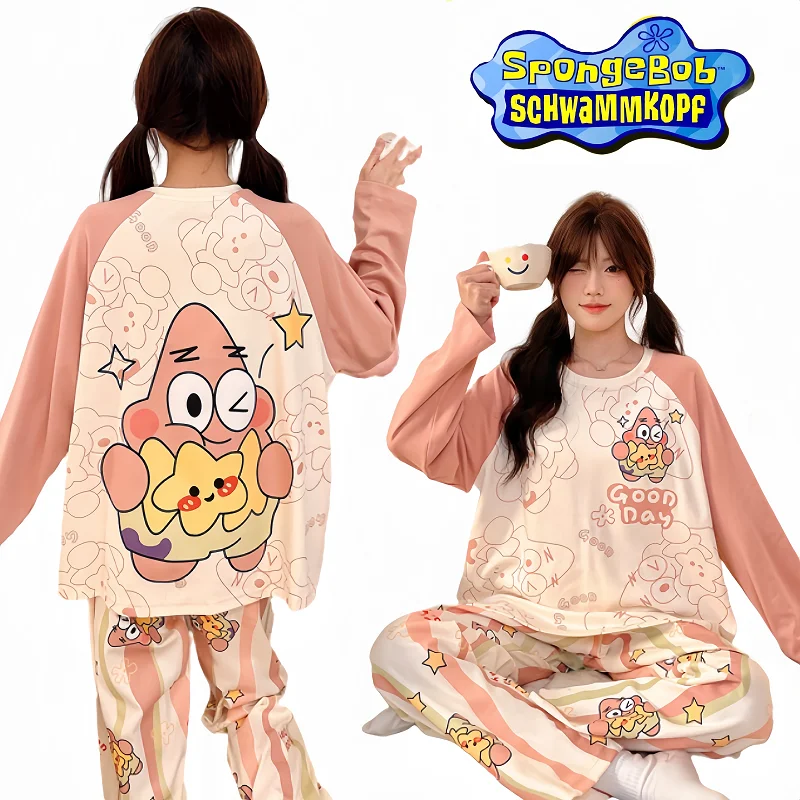 

SpongeBob SquarePants Women's Long-sleeved Pajama Set with Chest Pads Set of Loose Cartoon Loungewear Holiday Gifts Cute Anime