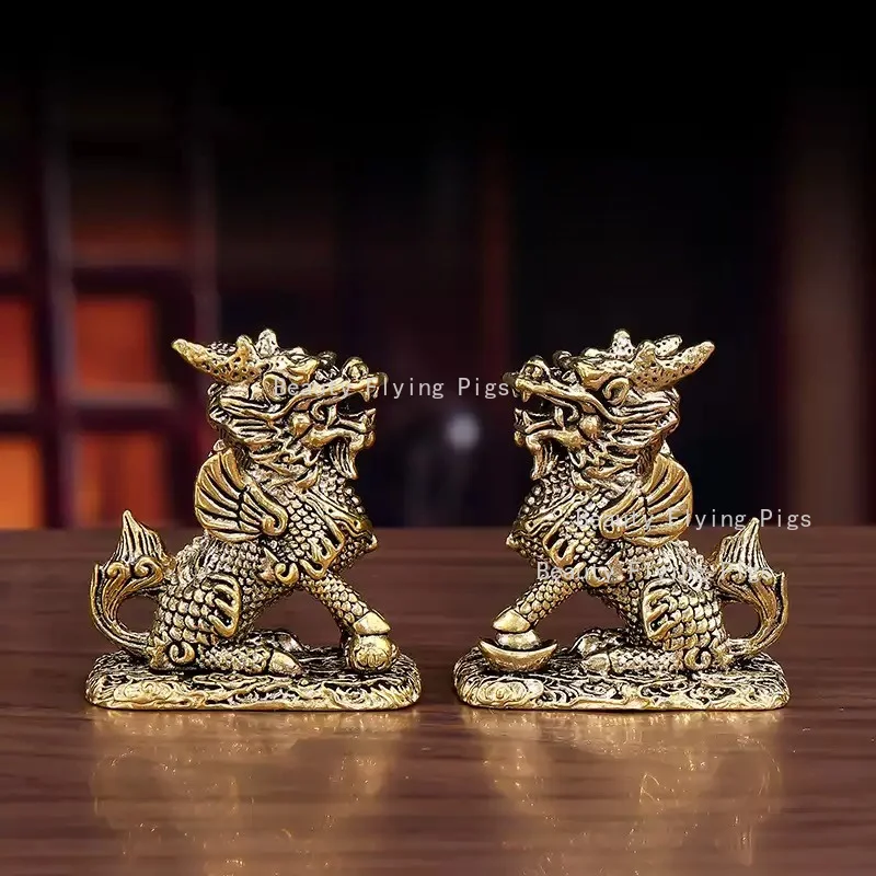 1 Pair Metal Kirin Statue Feng Shui Jewelry Mini Kirin Statue Office Desktop Tea Pet Home Furnishing Decoration Money Attraction