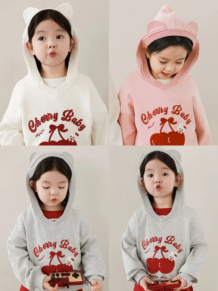 

Girl's Red Cherry Embroidered Hoodie Spring Vitality Cute Elastic Casual Top