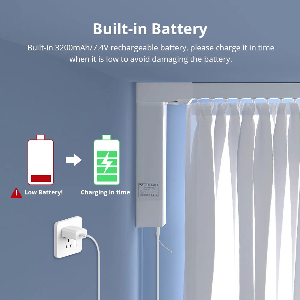 Zemismart Tuya Zigbee Rechargeable Electric Curtain Motor With Customized Slide Curtain Track Support Alexa Google Home Control view 2