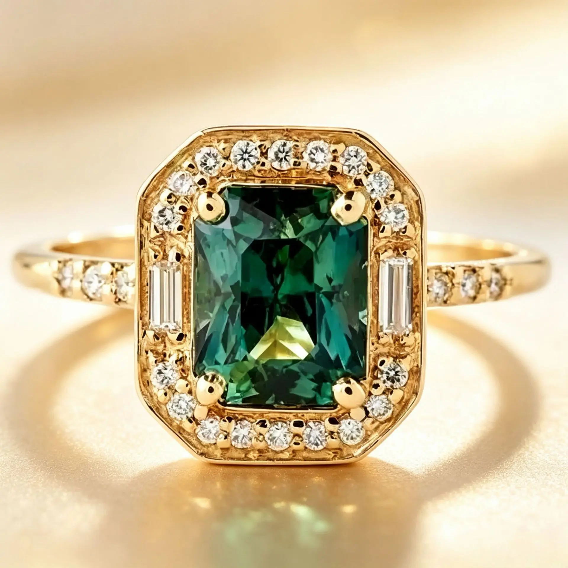Octagonal Halo Green Zircon Engagement Ring, Baguette Zircon Accents, Vintage Luxury Bridal Wedding Jewelry Gift for Women Men