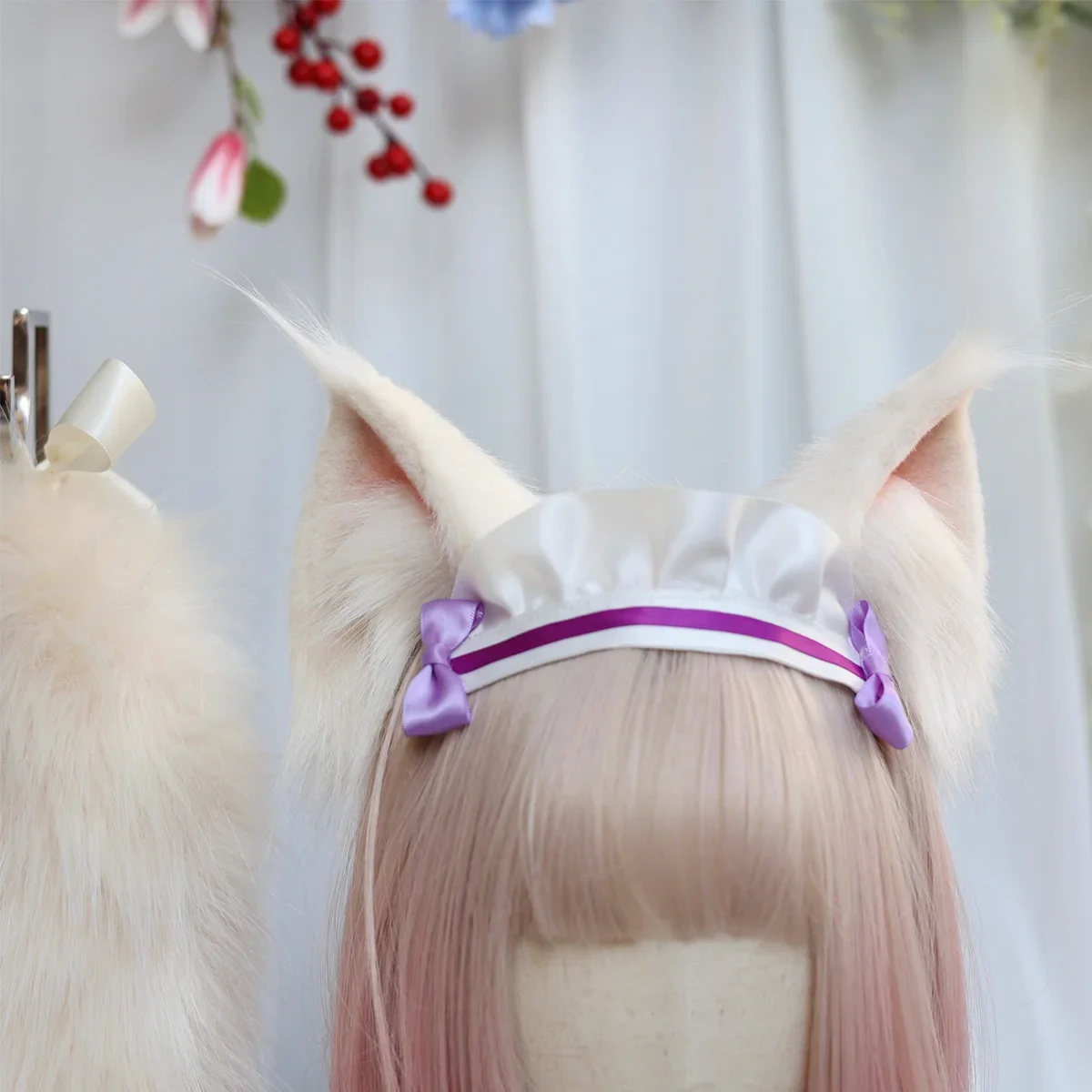 Handmade Anime Beast Chocola Vanilla White Yellow Cat Neko Fox Ears Hair Hoop Headband Tail for Christmas Game Party Cosplay