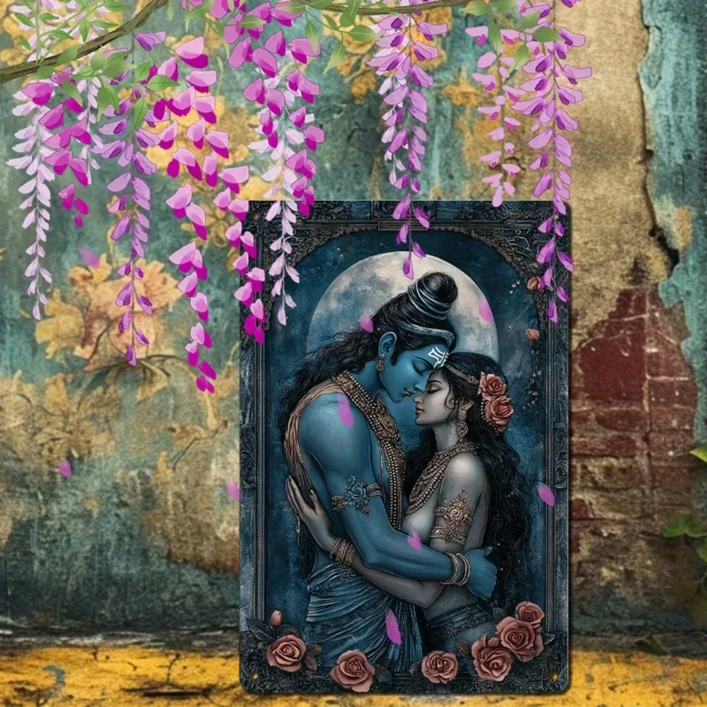 1pc Vintage Krishna Radha Aluminum Metal Wall Art, 8x12in Weatherproof Hindu Decor Sign