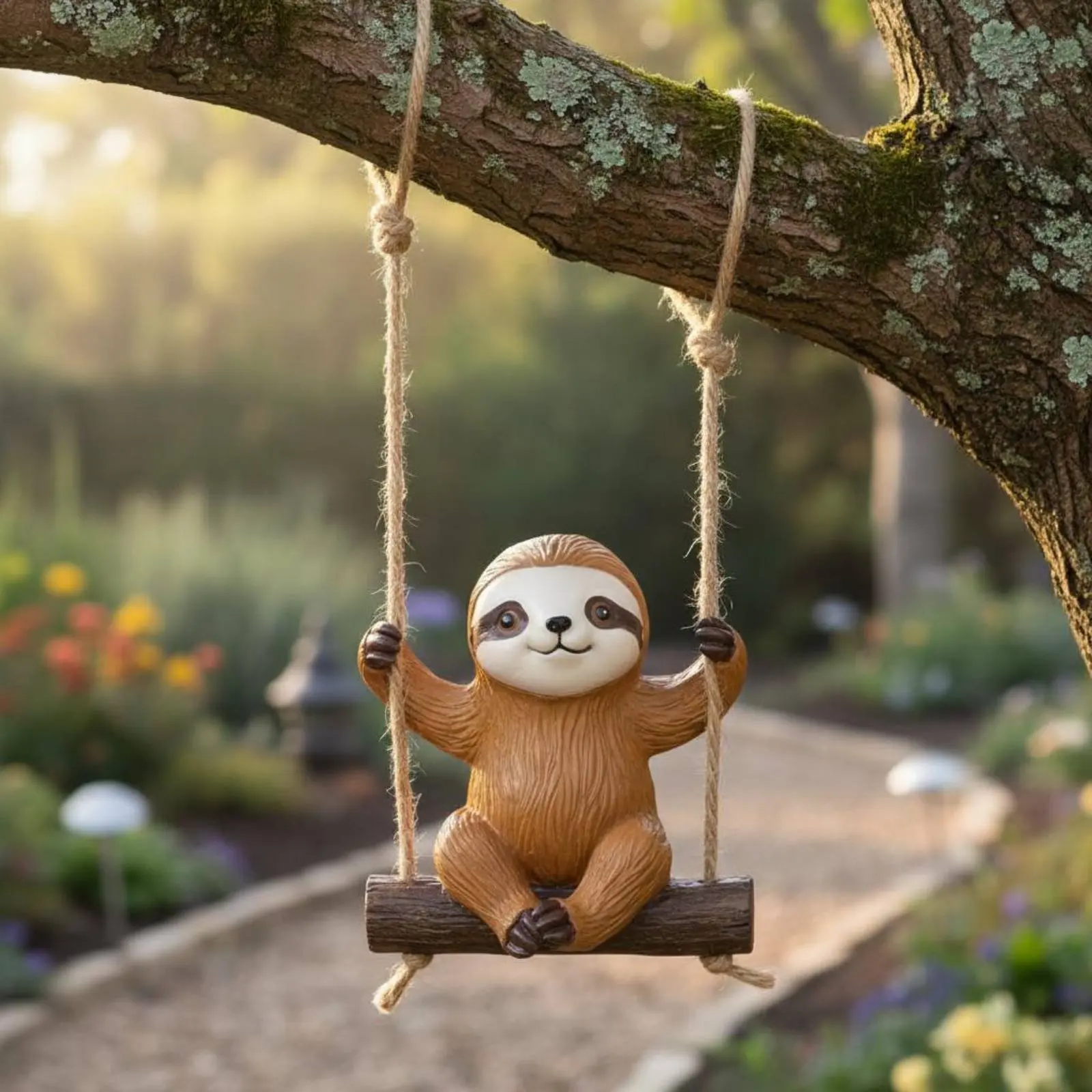 Sloth on Swing Decoration Cute Creature Design Resin Sloth Sculpture House Decoration for Patio
