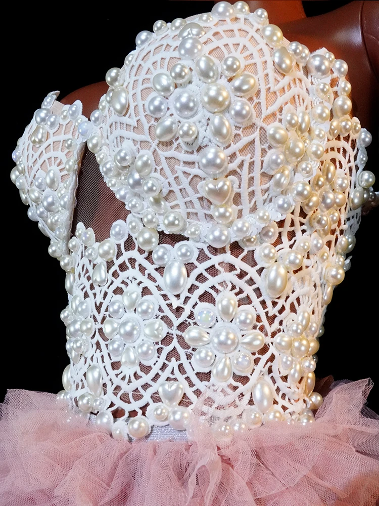 Elegant Long Dress Pearl Pink Two-Piece Sexy Evening Wedding Party Club Birthday Outfits Celebrate Stage Bar Drag Queen Costumes