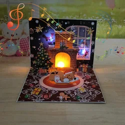 1PC Christmas Blessings Music Lights Projection Elderly Fireplace 3D Stereoscopic Greeting Card Paper Sculpture New Year Card