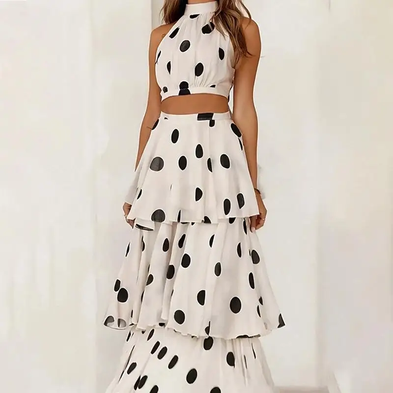 

MLKSSJ Лето 2025 г., модный повседневный топ в горошек с овальными плечами и юбкой-торт, женский топ из ПВХ со средней талией и низкой талией...