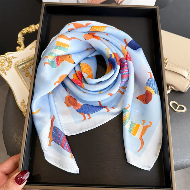 Cute Dog Print Square Silk Scarf for Women Hijab Hair Bands Neckerchief Female Satin Shawl Ribbon Headband Fashion Wraps Bandana image 4