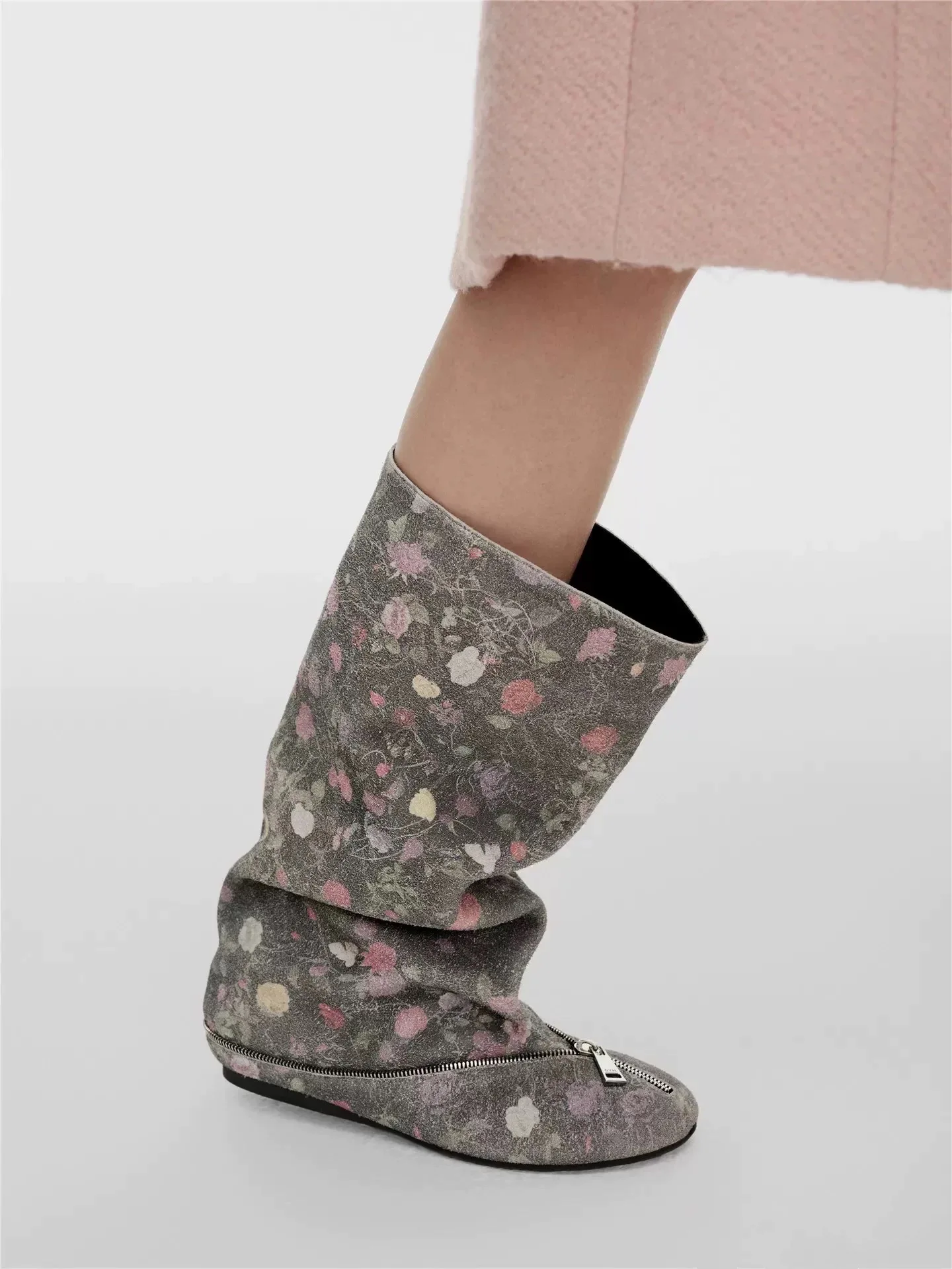 

Autumn Winter Women's New Floral Print Mid Calf Boots Ruched Design Front Zipper Round Toe Flat Heel Fashion Casual Daily Boots