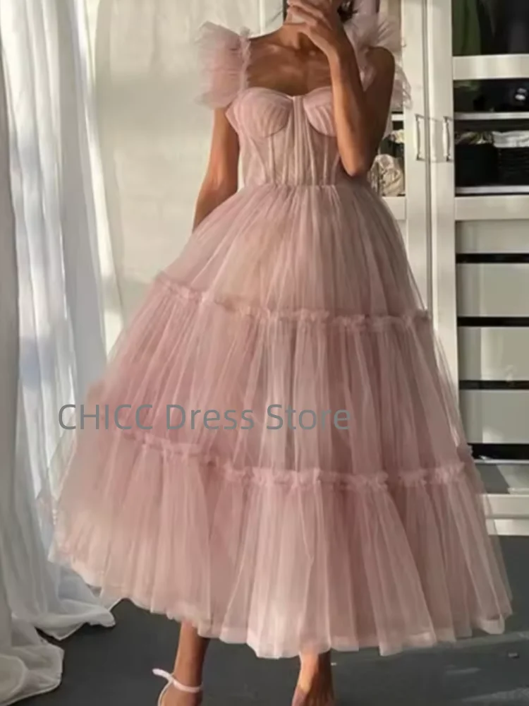 핑크 댄스 파티 드레스 스퀘어 칼라 홀터넥 A 라인 이브닝 드레스 Tull Quinceanera 드레스 우아한 Draped 생일 드레스 맞춤형