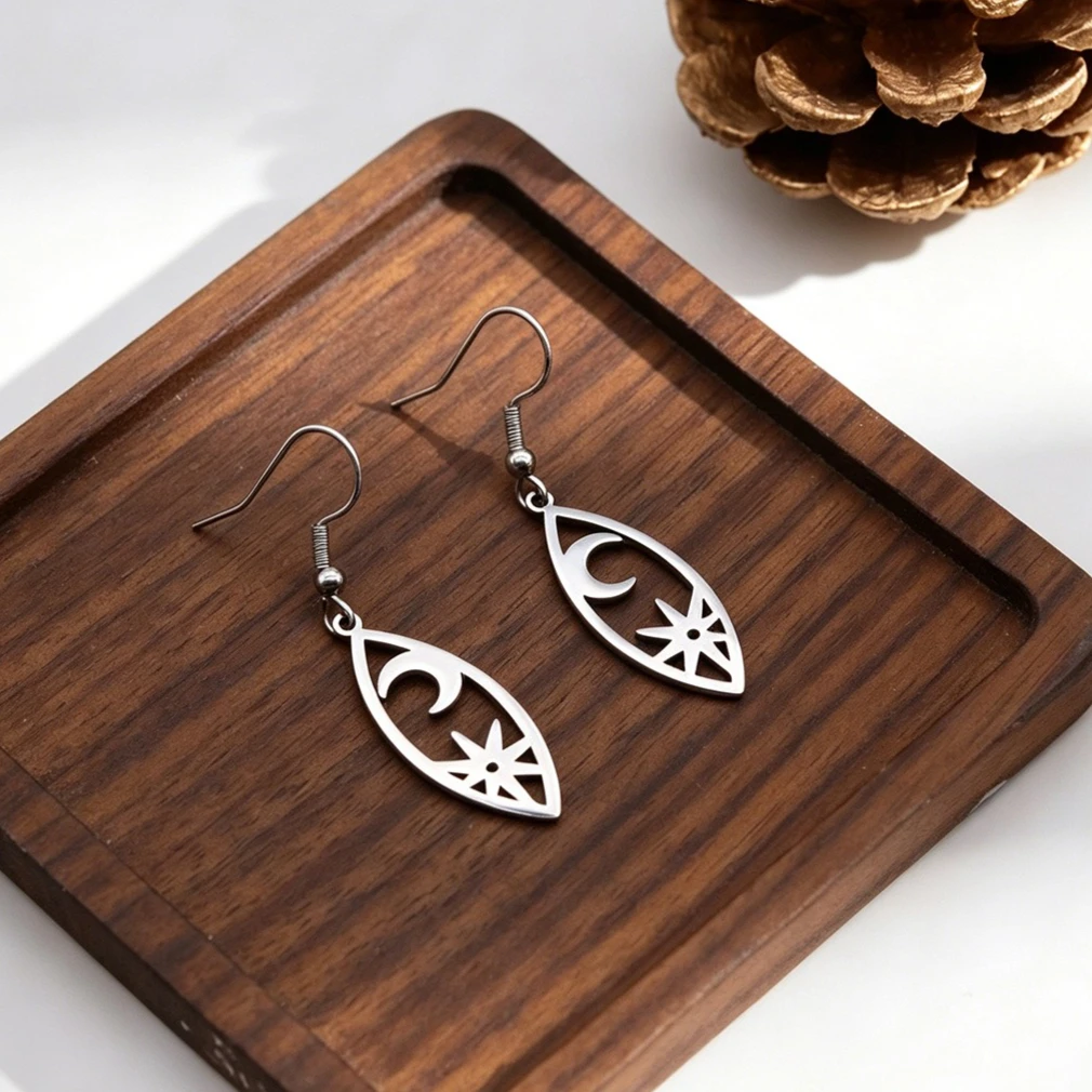 Fashion Hollow Leaf Frame Moon Star Pendant Earrings for Women Stainless Steel  Boho Tassels Ear Cartilage Puncture Jewelry Gift