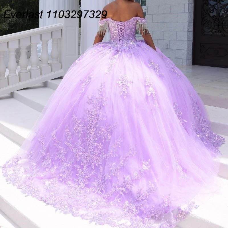 EVLAST Glitter Lavender ungu Quinceanera gaun bola renda Applique manik-manik Meksiko korset manis 16 Vestido De 15 Anos TQD634