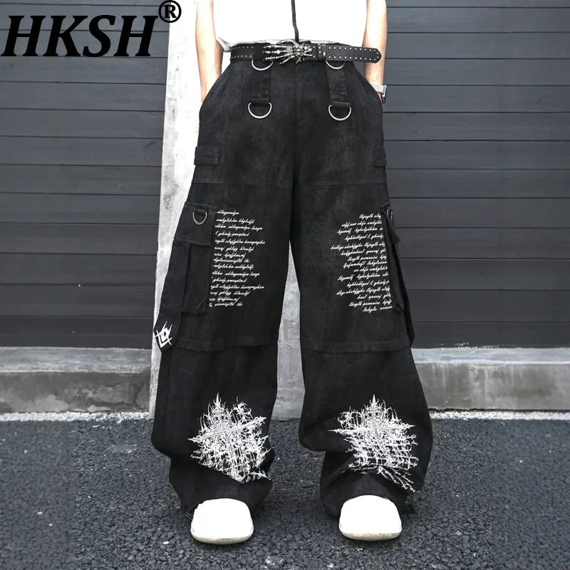 HKSH Spring Autumn New Men Tide Chic Ins Gothic Hip Hop Cargo Pants Vintage Metal Buckles Trend Print Y2K Wide Leg Pants HK28651