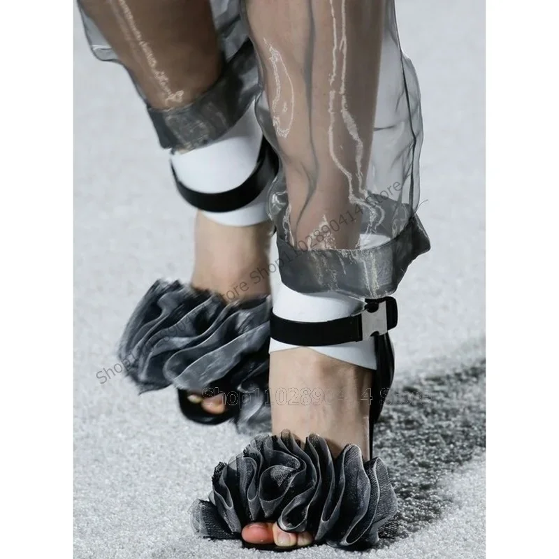

Black Gray Pleated Ruffles Design Open Toe Sandals Ankle Buckle Strap Women Shoes Thin High Heels Novel 2025 Zapatos Para Mujere