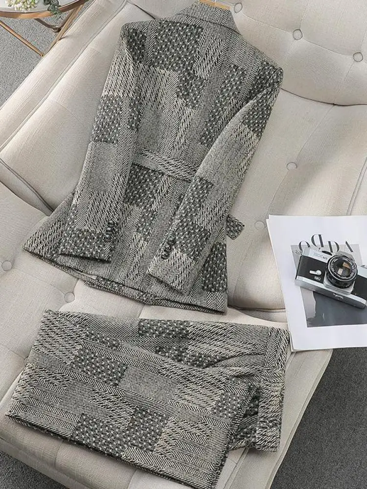 الخريف الشتاء خمر رمادي المرقعة 2024 المرأة أنيقة زر طويلة الأكمام السترة معطف عالية الخصر بانت قطعتين مجموعة الاتجاه الجديد