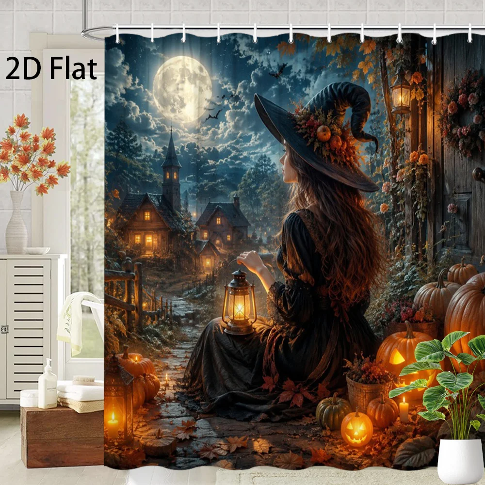 Witch Back View Shower Curtain, Halloween Moon & Pumpkin Village Print, Fantasy Art Bathroom Decor, Waterproof Polyester Bath