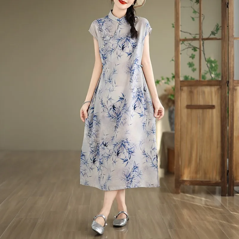 

New Arrival 2024 Summer Chinese Style Women Short Sleeve Loose Long Dress Vintage Print Arts Button Improved Cheongsam Dress