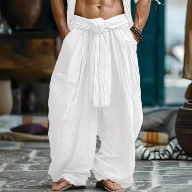Ethnic Style Casual Cotton Linen Wide Leg Pants Spring Summer New Men's Solid Color Lace-up Baggy Pants Vintage Streetwear Male