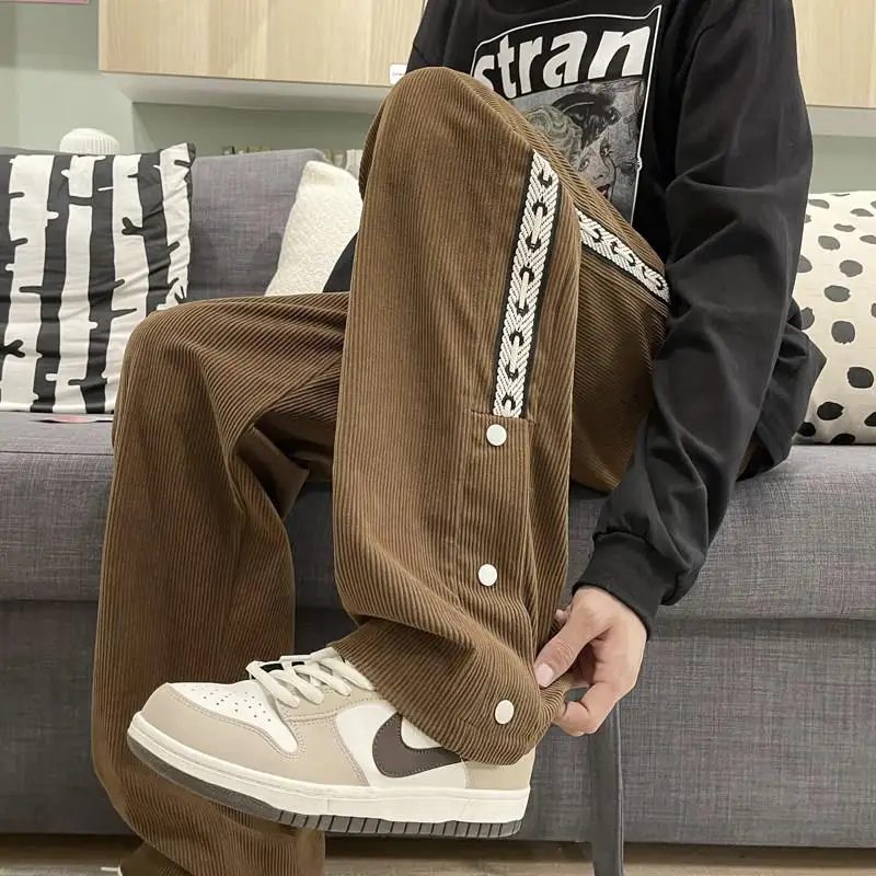 

Retro American Style Men's Corduroy Pants Loose Wide Leg Casual Trousers High Street Versatile Belted Sweatpants